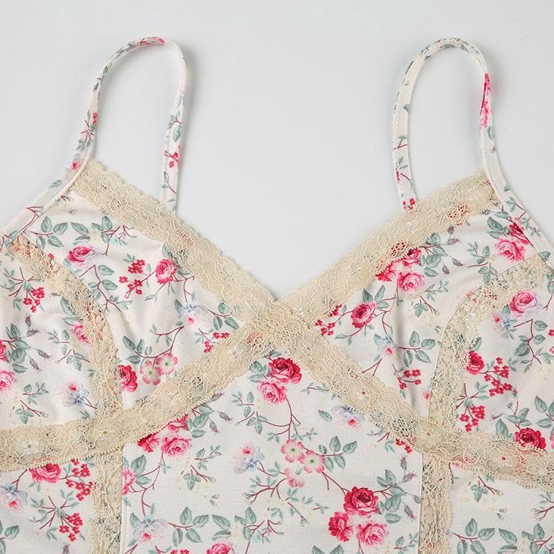 Print v neck lace hem ruffle knotted cami top
