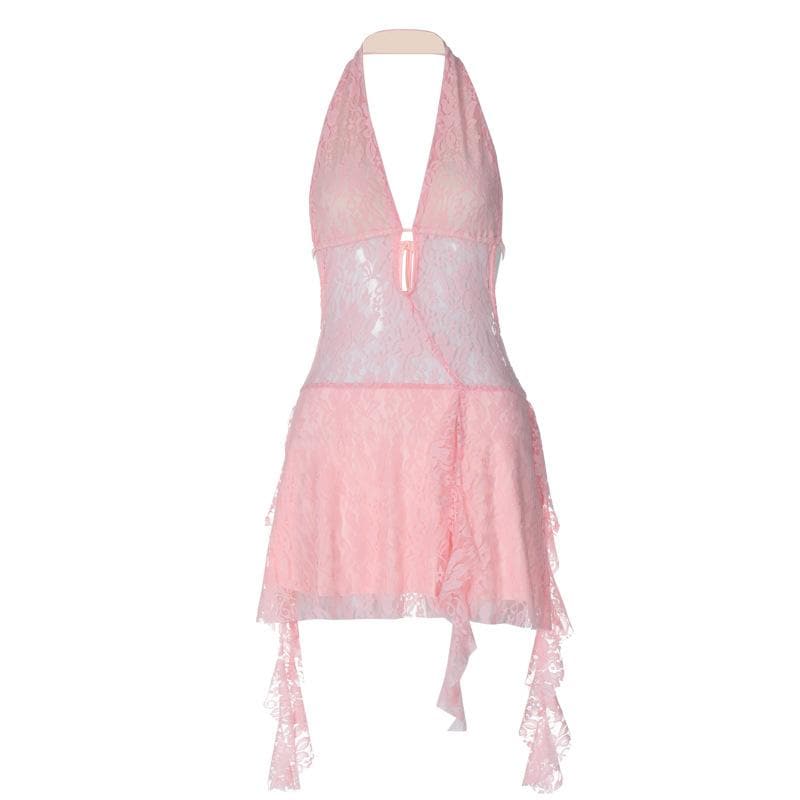 Deep V Halter Lace Up Sheer Ruffle Hem Mini Dress
