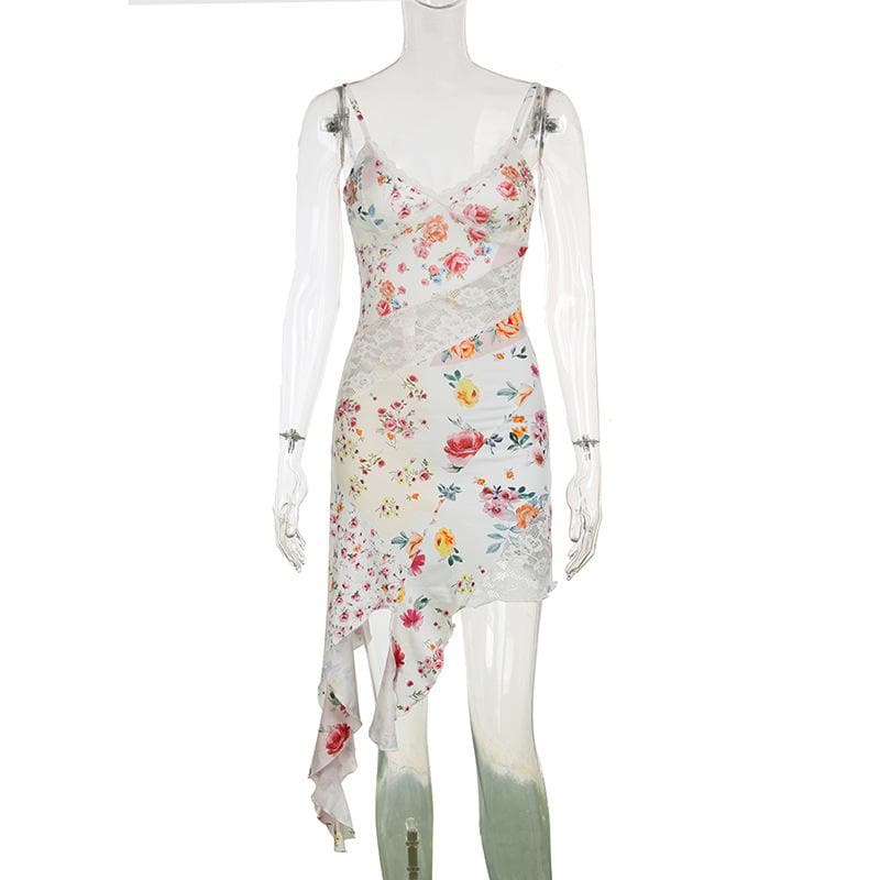 V neck lace hem flower print cami mini dress