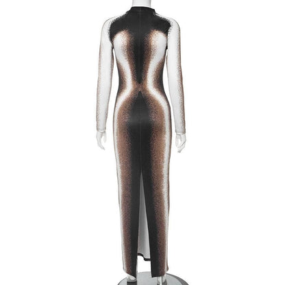 Contrast high neck long sleeve slit maxi dress