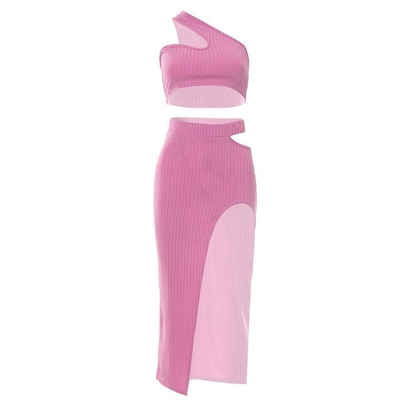 Ribbed solid one shoulder hollow out slit irregular cut out midi dress