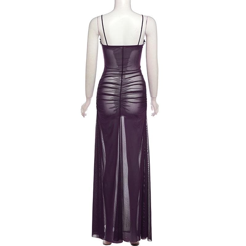 Sheer mesh hollow out ruched high slit cami cut out maxi dress