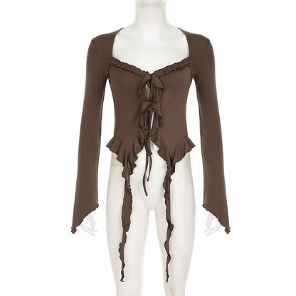 Long sleeve ruffle self tie top
