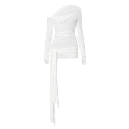 One shoulder long sleeve ruched hollow out knotted cut out top