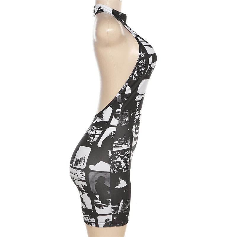 Graphic Collage Print Halter Neck Sleeveless Bodycon Mini Dress