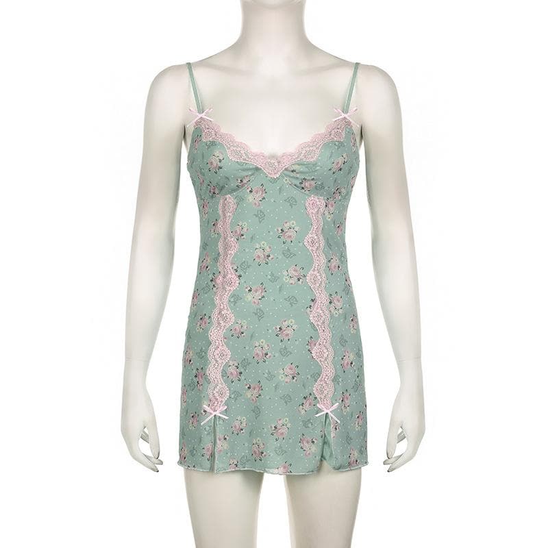 Lace hem bowknot print mesh slit cami mini dress