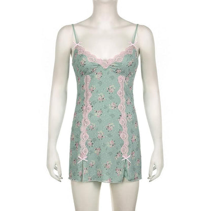 Lace hem bowknot print mesh slit cami mini dress