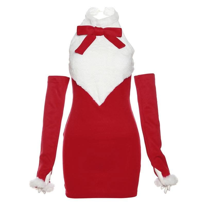 Bowknot contrast halter fluffy gloves backless mini dress-final-sale