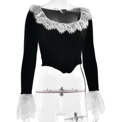 Long flared sleeve lace patchwork velvet zip-up top