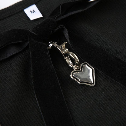 Bowknot ribbon heart applique ribbed crop top