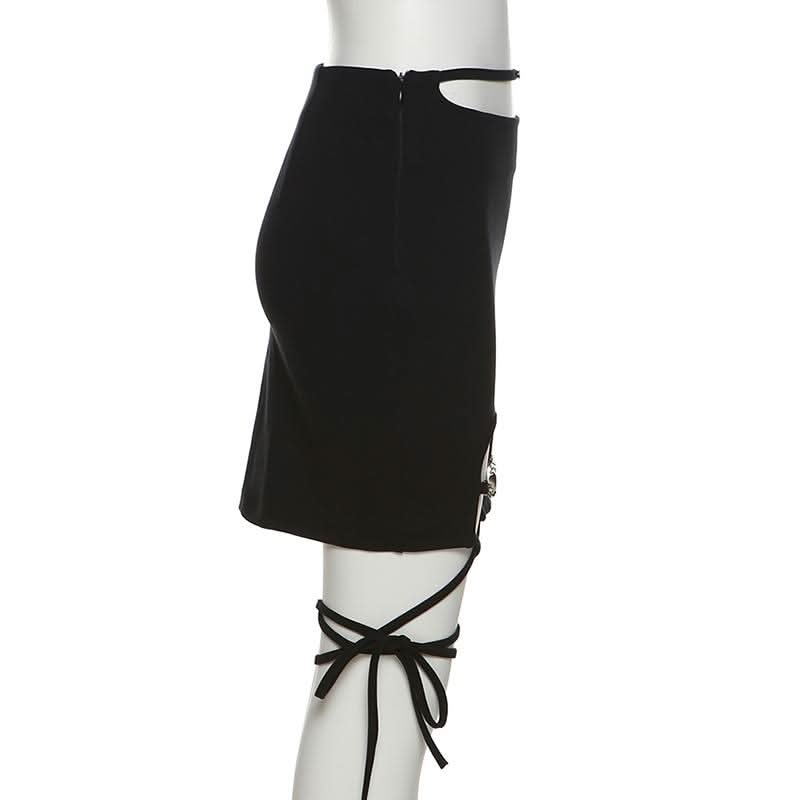 Hollow out metal chain self tie zip-up cut out mini skirt
