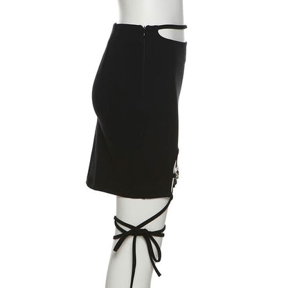 Hollow out metal chain self tie zip-up cut out mini skirt