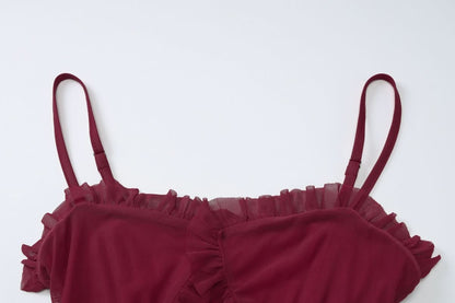 Hollow out mesh ruffle ruched cami cut out maxi dress