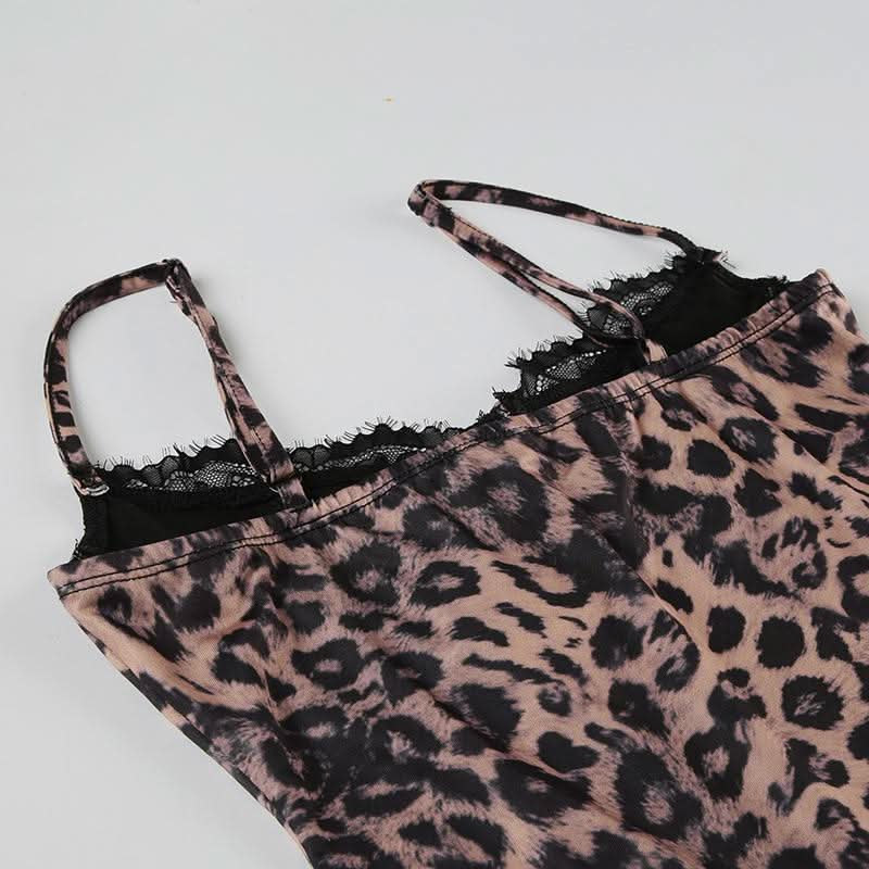 V neck lace hem leopard print cami mini dress