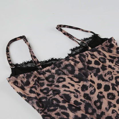 V neck lace hem leopard print cami mini dress