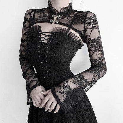 Long sleeve solid high neck metal button lace hem shrug top