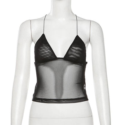 Sheer mesh butterfly applique see through backless solid top