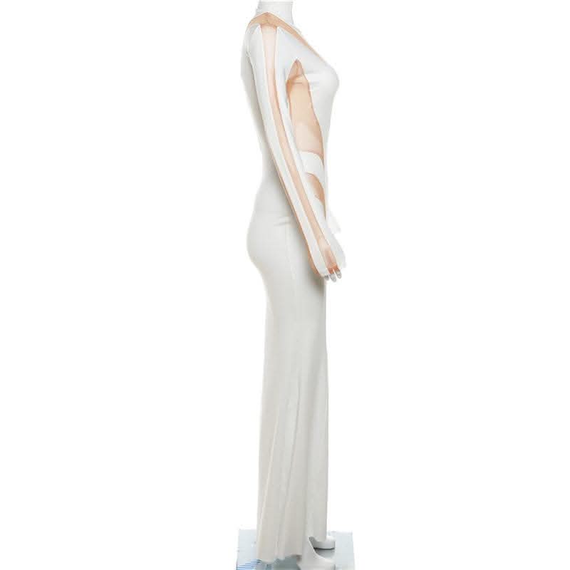 Crewneck long sleeve mesh patchwork maxi dress-final-sale