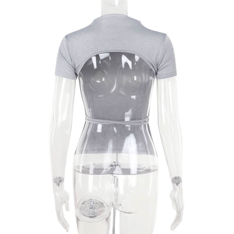 Short sleeve crewneck self tie backless top