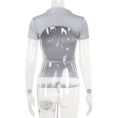Short sleeve crewneck self tie backless top