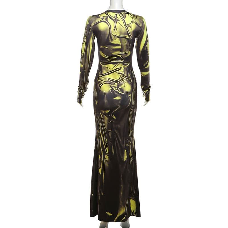 Long sleeve crewneck ruched print maxi dress