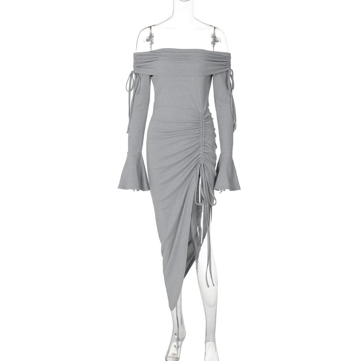 Off shoulder long flared sleeve drawstring ruched midi dress