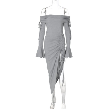 Off shoulder long flared sleeve drawstring ruched midi dress