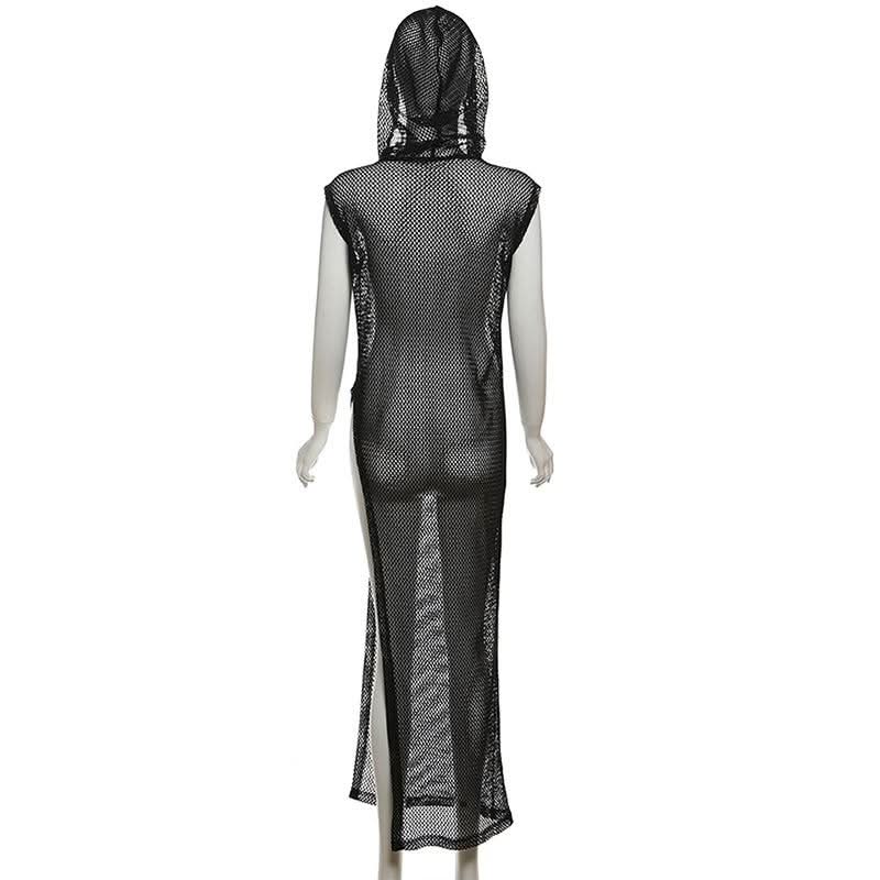 Hoodie sleeveless fishnet slit top