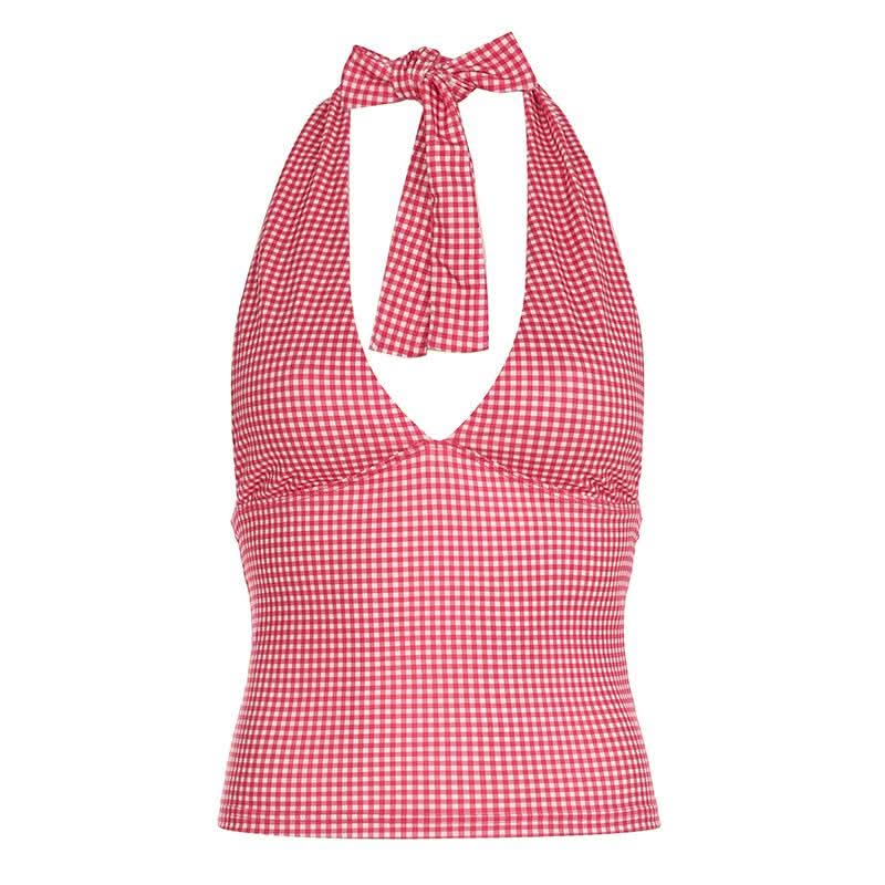 V neck halter polka dot print backless top