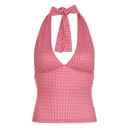 V neck halter polka dot print backless top