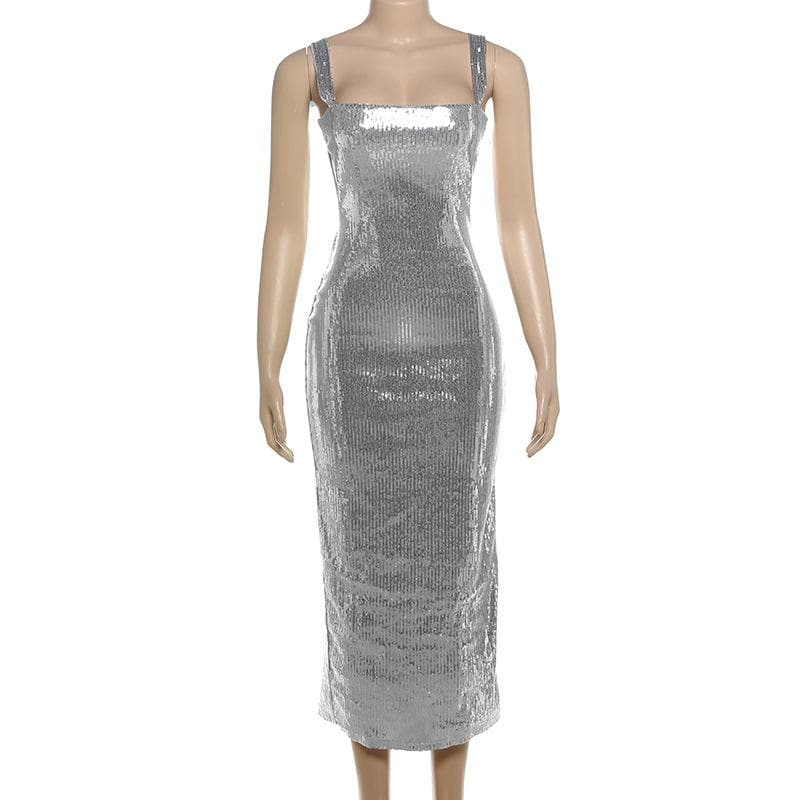 Glitter square neck hollow out metallic cut out midi dress
