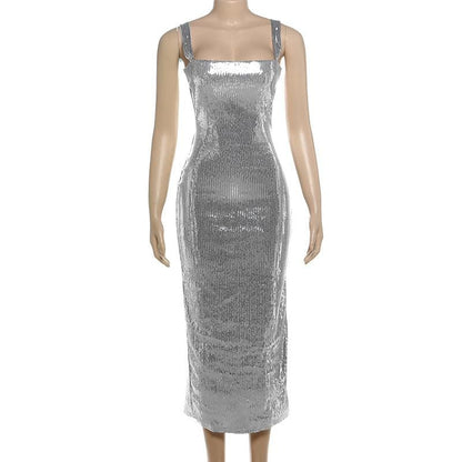 Glitter square neck hollow out metallic cut out midi dress