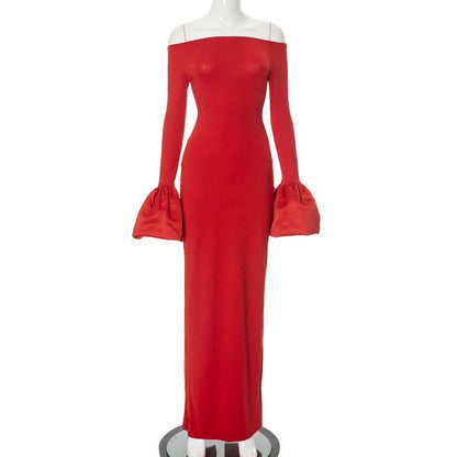 Long flared sleeve off shoulder ruched slit maxi dress