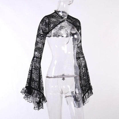 Solid flared sleeve lace hem button hollow out shrug cut out top