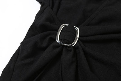Halter v neck ruffle buckle backless mini dress