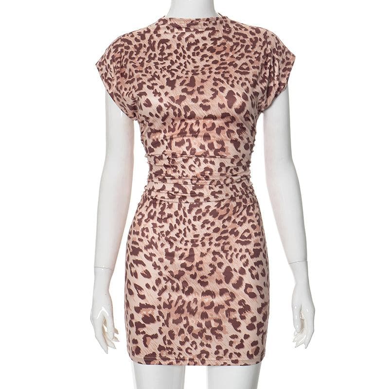 Short sleeve leopard print ruched mini dress