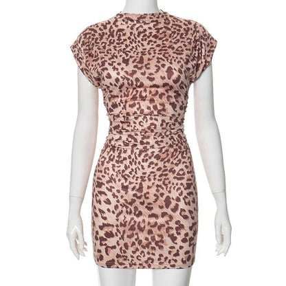 Short sleeve leopard print ruched mini dress