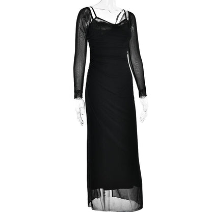 Off Shoulder Mesh Long Sleeve Lace Trim Ruched Maxi Dress
