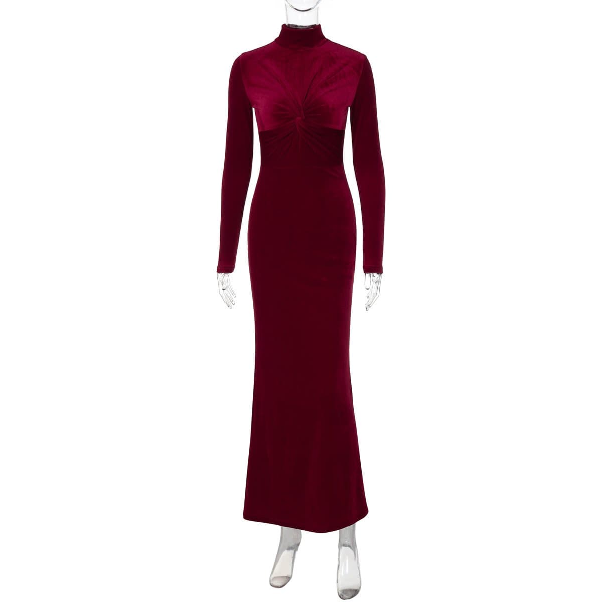High neck long sleeve velvet ruched maxi dress