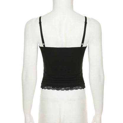 V neck lace hem flower applique backless cami top