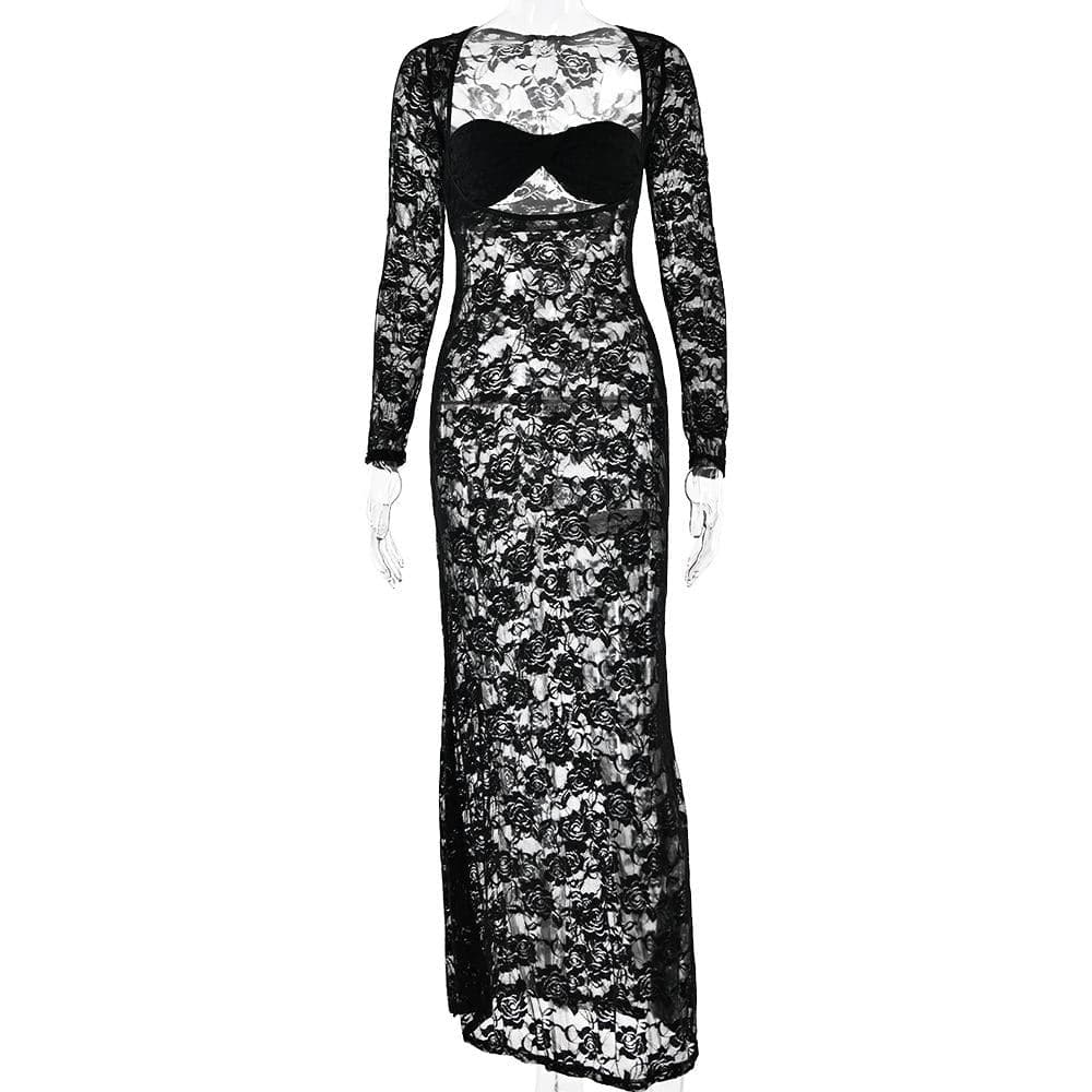 Long sleeve lace see through sweetheart neck maxi dress