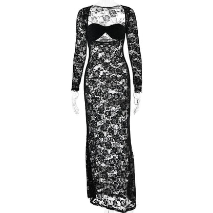 Long sleeve lace see through sweetheart neck maxi dress