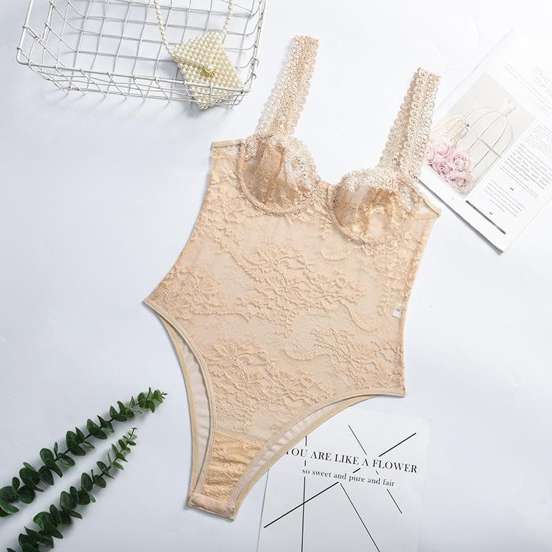 Sheer lace see through backless cami bodysuit
