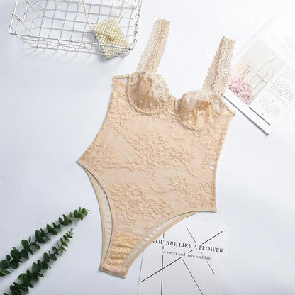 Sheer lace see through backless cami bodysuit