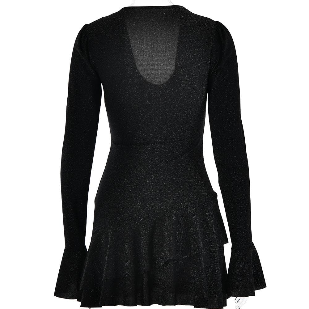 Glitter Deep V Bell Sleeve Tiered Ruffle Hem Mini Dress