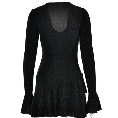 Glitter Deep V Bell Sleeve Tiered Ruffle Hem Mini Dress