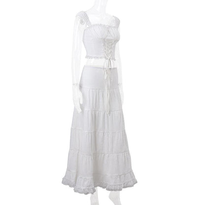 Ruched lace up lace hem patchwork square neck maxi skirt set