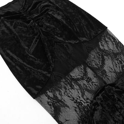 Velvet lace patchwork ruched ruffle maxi skirt