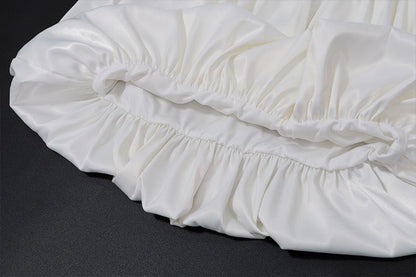 One off shoulder irregular lace up satin ruffle puff skirt set