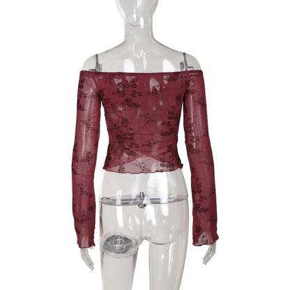 Flared sleeve off shoulder flower pattern top